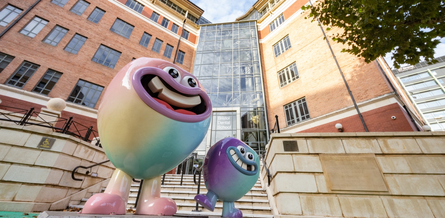 The front of Bristol Dental School including the Aardman character sculptures